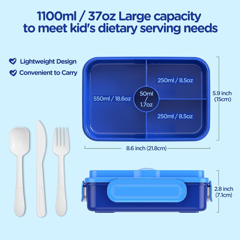 Jelife Bento Lunch Box for Kids - Leakproof Large Bento-Style with 4 Compartments Portions Lunchbox with Tableware Back to School, Reusable On-the-Go Meal and Snack Packing, Blue - Image 4